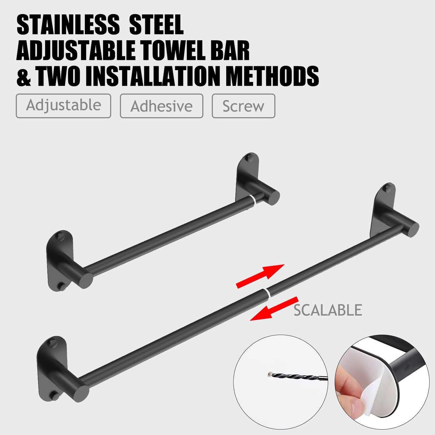 MIROAMZ Towel Bar, Adjustable 14.4inch - 25.2inch Towel Rack, Self Adhesive Wall Mounted for Bathroom Kitchen Hand Towel Holder Cloths Hanger 304 Stainless Steel Organizer Single Bar (1, Matte Black)