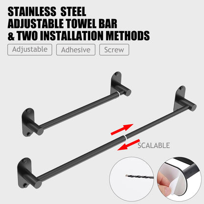 MIROAMZ Towel Bar, Adjustable 14.4inch - 25.2inch Towel Rack, Self Adhesive Wall Mounted for Bathroom Kitchen Hand Towel Holder Cloths Hanger 304 Stainless Steel Organizer Single Bar (1, Matte Black)