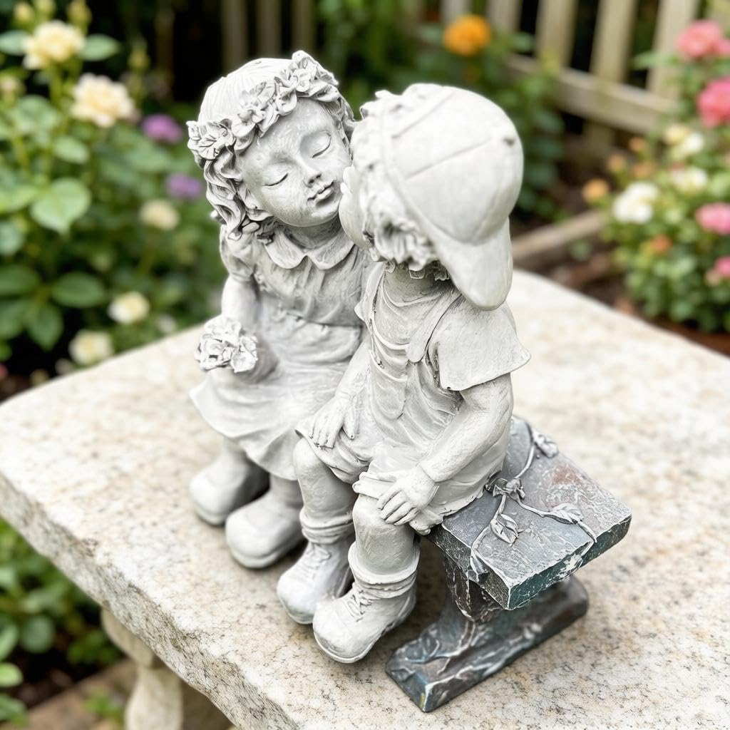 Ahbuohe Garden First Kiss Outdoor Statue Decorative, Flower Bed Decor Puppy Love Kissing Couple,Boy and Girl Kissing Garden Figurine for Yard Patio Art