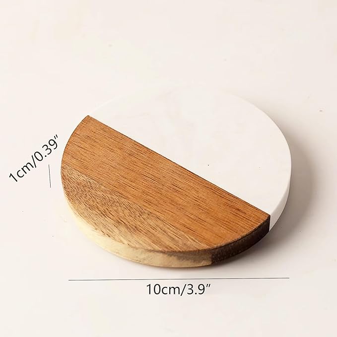 I-LAN 8-Pack Marble and Acacia Wood Coasters, 4-Inch Round Modern Drink Coaster