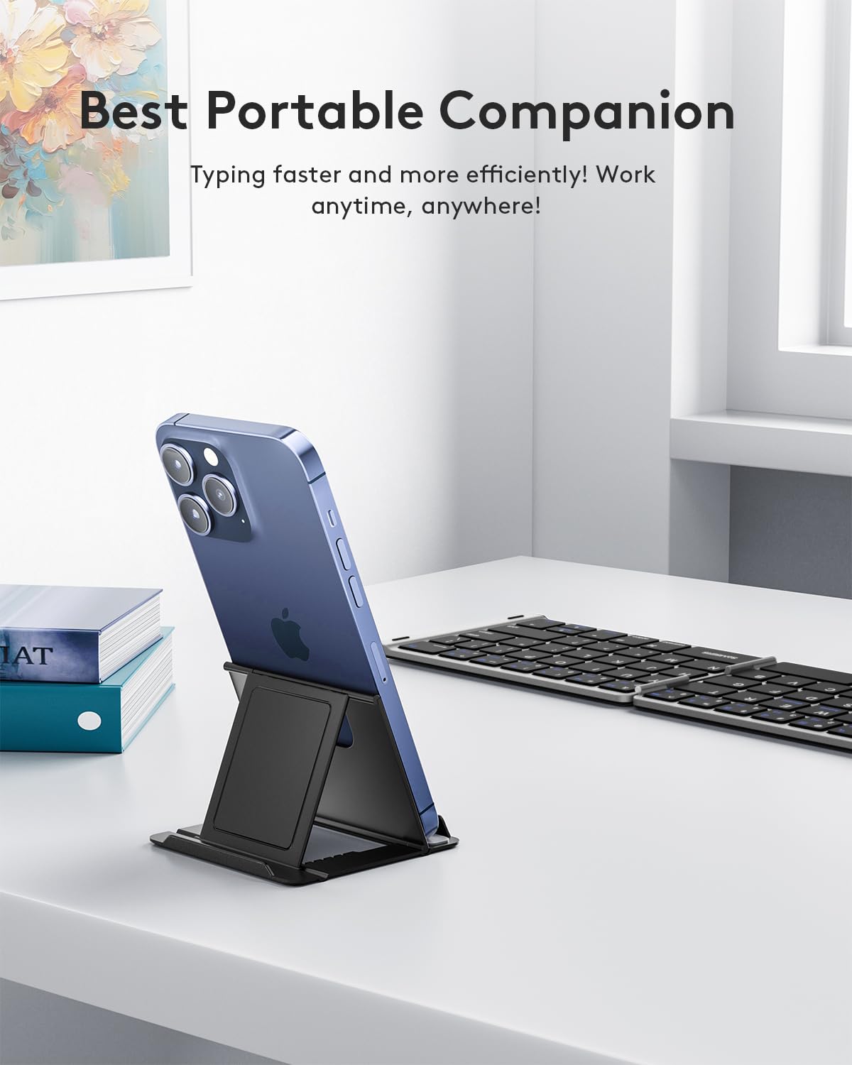 Samsers Foldable Bluetooth Keyboard - Portable Wireless Keyboard with Stand Holder, Rechargeable Full Size Ultra Slim Folding, Compatible iOS Android Windows Smartphone Tablet and Laptop - Black