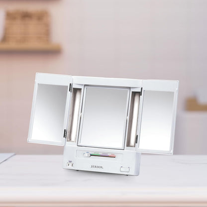 JERDON Tri-Fold Two-Sided Makeup Mirror with Lights - Vanity Mirror with 5X-1X Magnification & Multiple Light Settings - White - Model JGL9W
