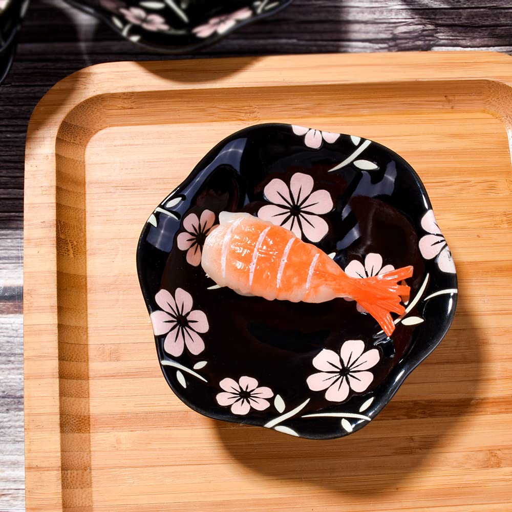 Whitenesser Japanese Black Sakura Soy Sauce Dish for Sushi, Porcelain Dipping Bowls Sauce Cups Set of 6