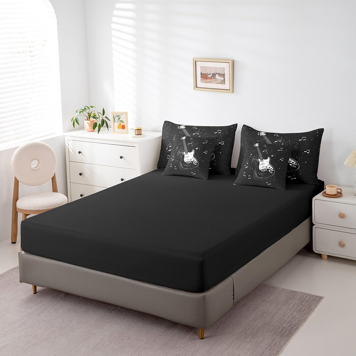 Feelyou Music 7 Pieces Bedding Set Queen Size Guitar Comforter Set with Sheets for Kids Boys Girls Guitar Instruments Bed in a Bag Rock Music Bed Set