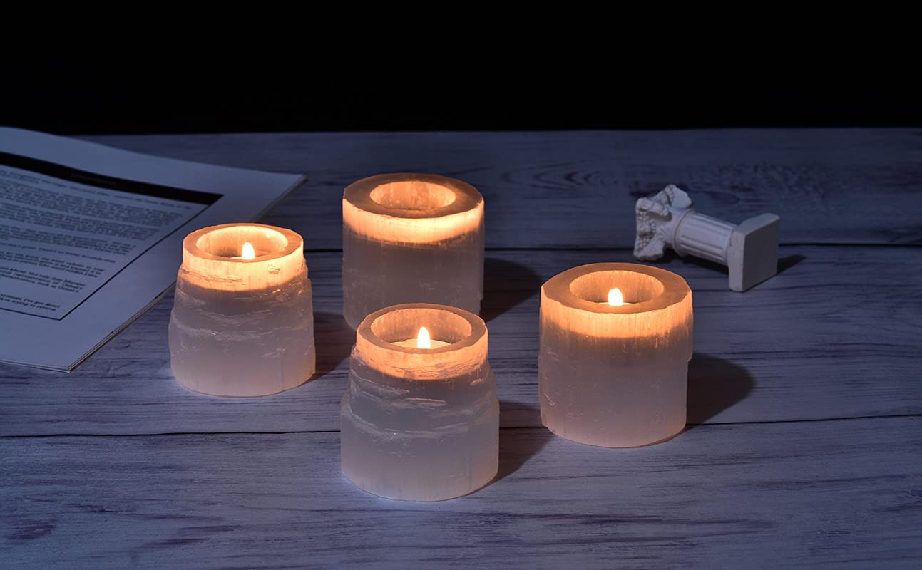 AMOYSTONE Selenite Tealight Holders Natural Crystal Candle Holders Decorative Tealight Candlestick White Candle Stand 2.5" 2PC
