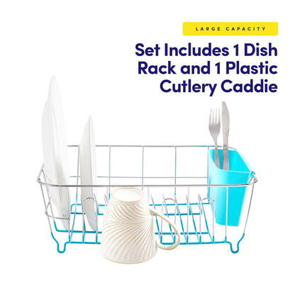Sweet Home Collection 2 Piece Dish Drying Rack Set Drainer with Utensil Holder Simple Easy to Use Fits in Most Sinks, 14.5" x 13" x 5.25", Turquoise Blue