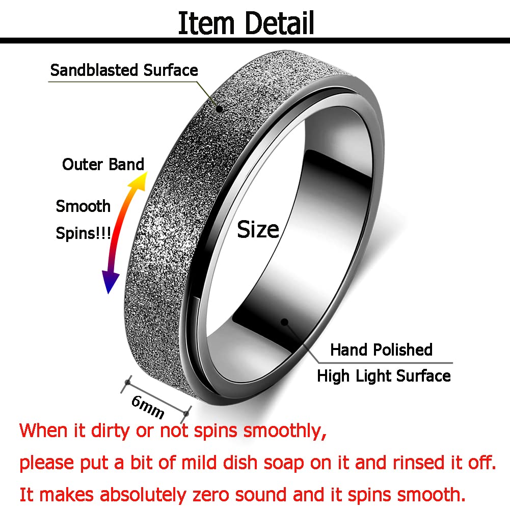 Anxiety Ring for Women Fidget Spinner Ring Fidget Toys Adults Titanium Stainless Steel Thumb Ring 6mm Wide Black Size 10