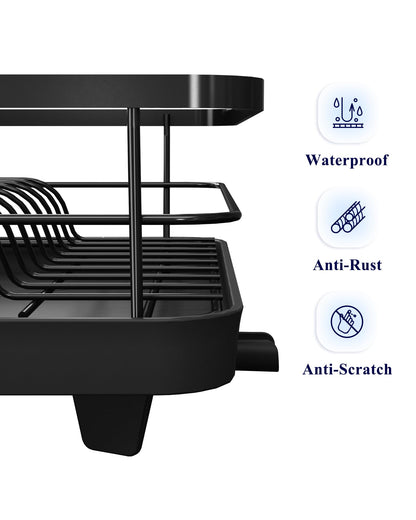Kitsure Dish Drainer Rack- Space-Saving Dish Drainer, Dish Racks for Kitchen Counter, Stainless Steel Kitchen Drying Rack with a Cutlery Holder, Large, Black