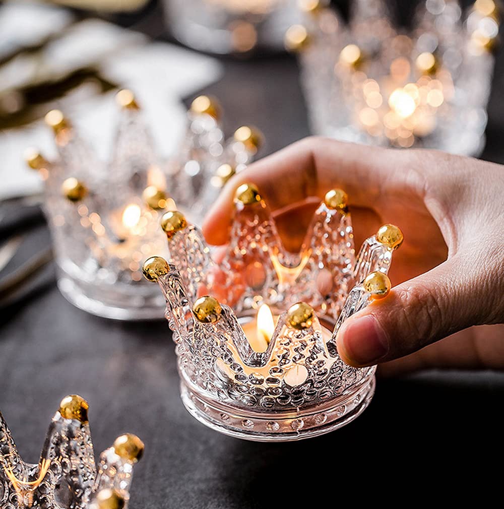 Vixdonos Crown Glass Tealight Candle Holder Set of 12 Votive Candle Holders for Wedding, Party and Home Decor (Gold Tips)