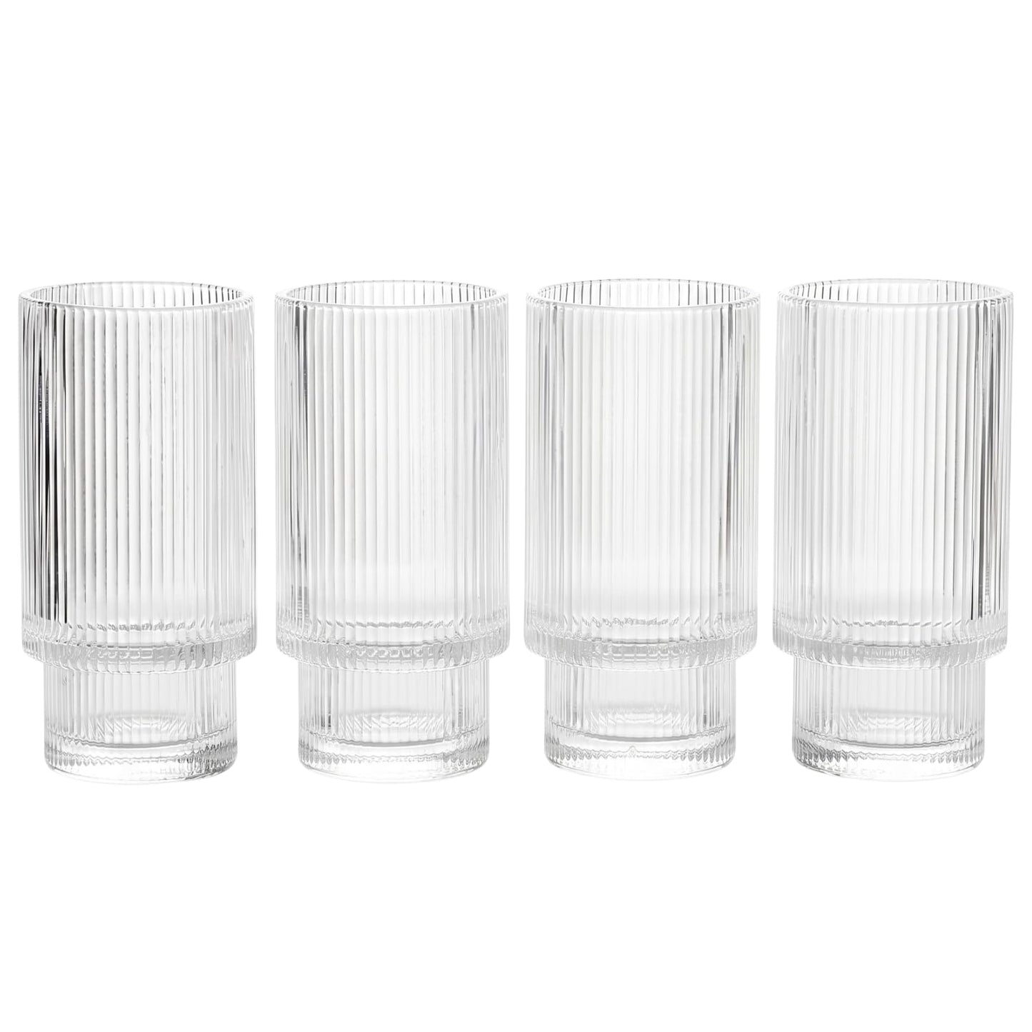 Vintage Art Deco Crystal Highball Ribbed Glass Set of 4 - Ripple, Collins Glassware 14oz Classic Crystal Cocktail Glasses Perfect for Water, Champagne, Beer, Juice, Tom Cocktails - Barware Tumblers