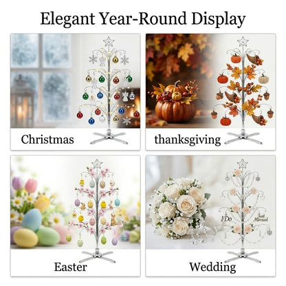 HOHIYA 74” Rotating Ornament Display Tree with 90 Hooks Heavy Duty Metal Christmas Ornament Stand Chrome Silver Holiday Display Rack Christmas Tree Alternative