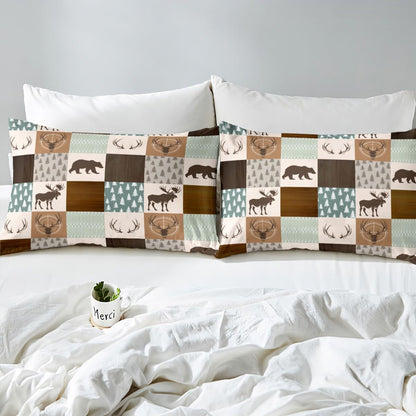 Castle Fairy Wild Animal Hunting Fitted Sheet Full Size,Rustic Bear Deer Antler Arrow Patchwork Bed Set for Girls Teens Room Plaid Retro Country Board Polyester Bedding with Flat,Fitted,2 Pillowcases