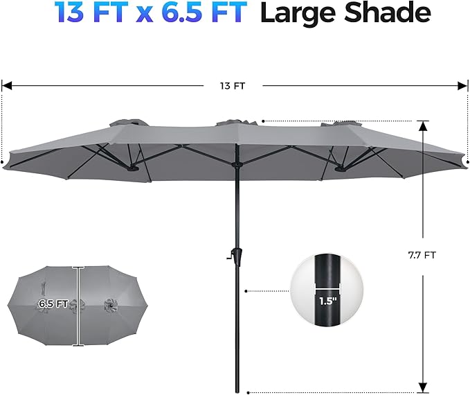 SUPERJARE 13FT Outdoor Umbrella for Patio, Double sided Pool Umbrellas with Fade Resistant Canopy, Large Table Umbrella for Deck, Market, Backyard - Gray