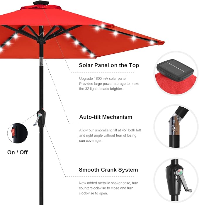 ABCCANOPY Durable Solar Led Patio Umbrellas with 24LED Lights 7.5FT (Red)