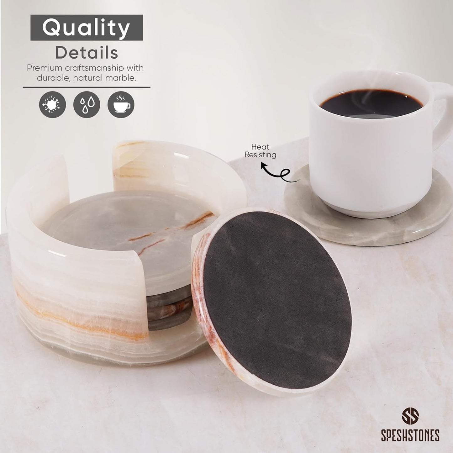 SPESHSTONES Marble Coasters Set of 6 Cream Onyx 3.5 Inch Round Stone Coaster for Drinks with Holder - Ideal Drink Coasters for Coffee Bar Accessories, Gifts, Dining Table & Home Décor
