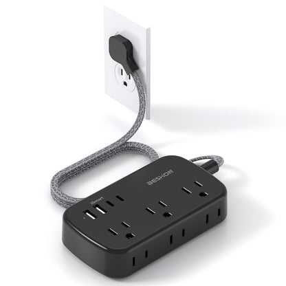 Flat Extension Cord, BESHON 5FT Flat Plug Power Strip with USB C, 6 Outlets 4 USB Port(2 USB C), No Surge Protector, Cruise Ship, Dorm Room Travel Essentials