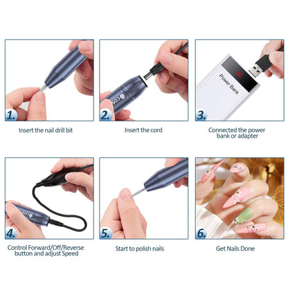 Electric Nail Drill,USB Electric Nail Drill Machine for Acrylic Nail Kit,Portable Electric Nail File Polishing Tool Manicure Pedicure Kit Efile Nail Supplies for Home Salon,Pink