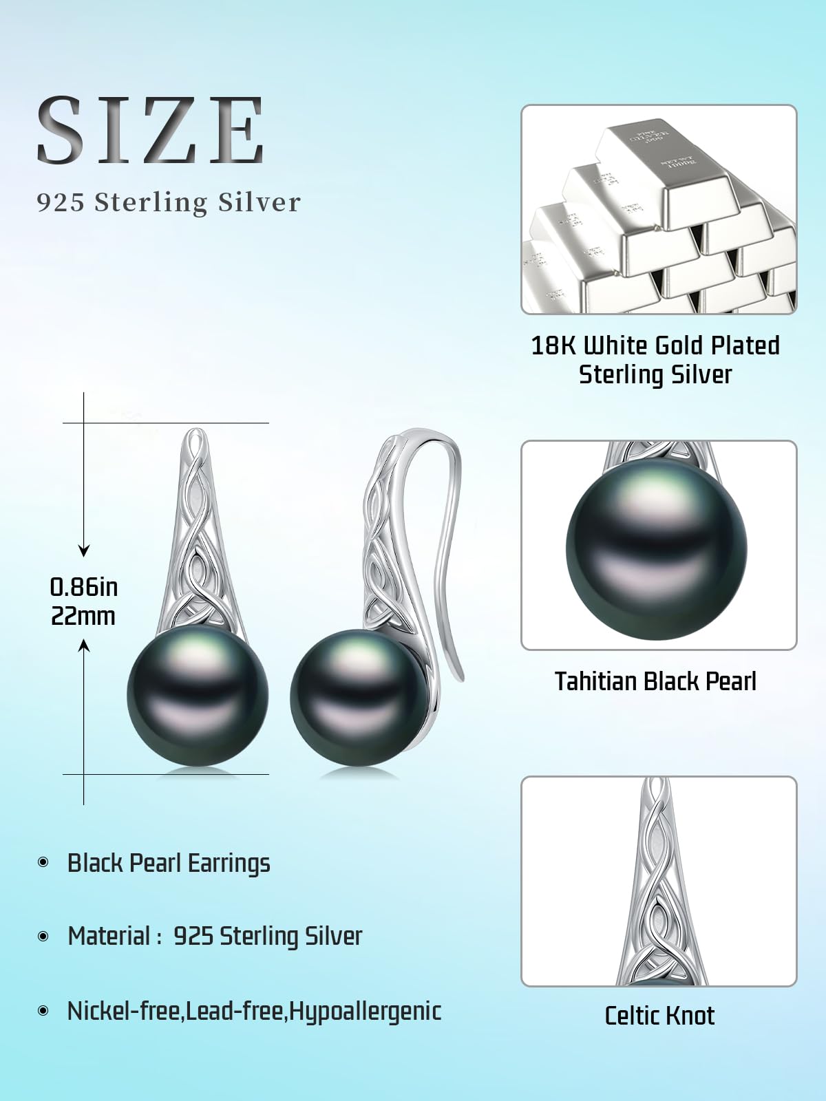 Tahitian Black Pearl Earrings 18K White Gold Plated 925 Sterling Silver Celtic Knot Earrings AAA+ Handpicked Pearl Jewelry Gifts Drop Dangle Earrings for Wife Women Birthday Wedding Anniversary