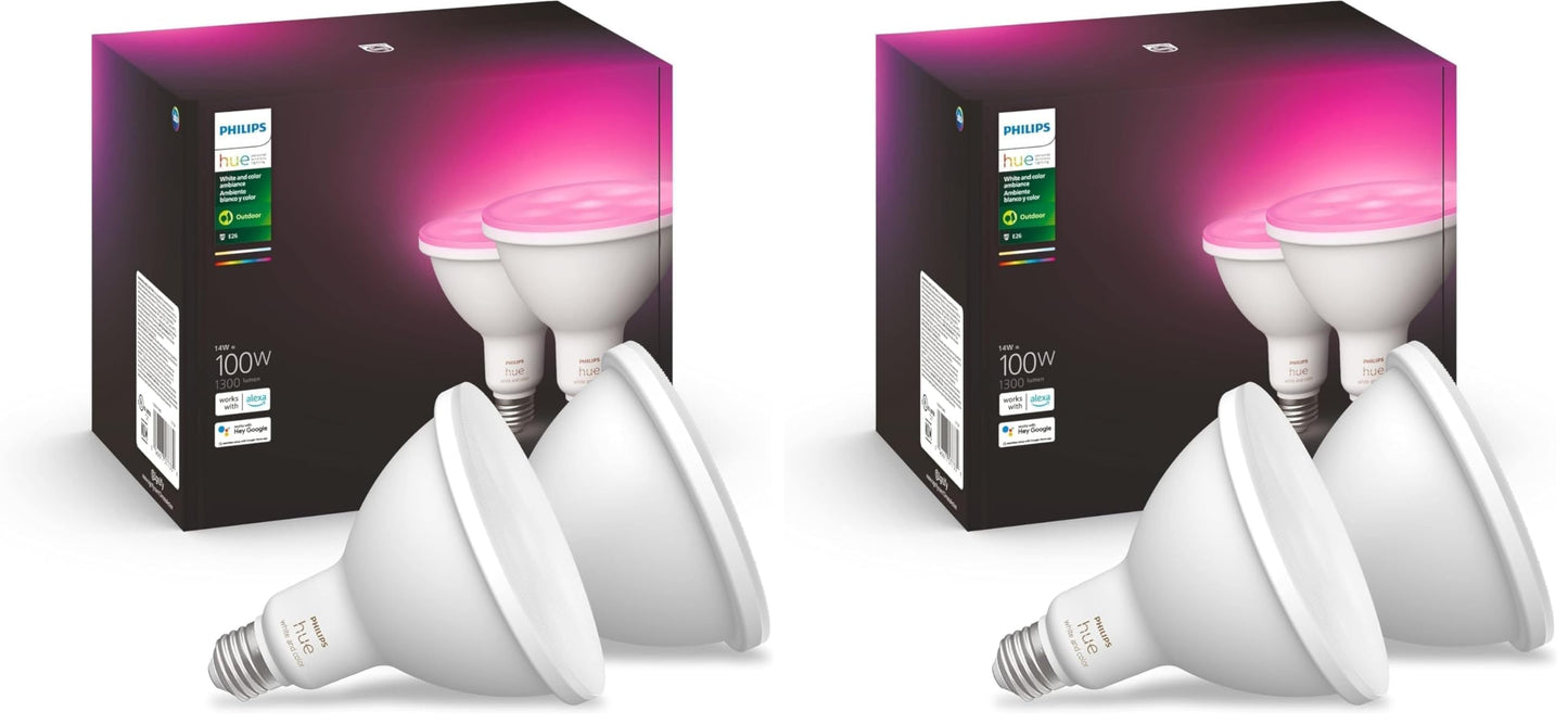 PHILIPS Hue Smart 100W PAR38 LED Bulb, 2 Pack, White & Color Ambiance Color-Changing Light, 1300LM, E26, Outdoor Light Bulbs, Control with Hue App, Works with Alexa, Google Assistant and Apple Homekit
