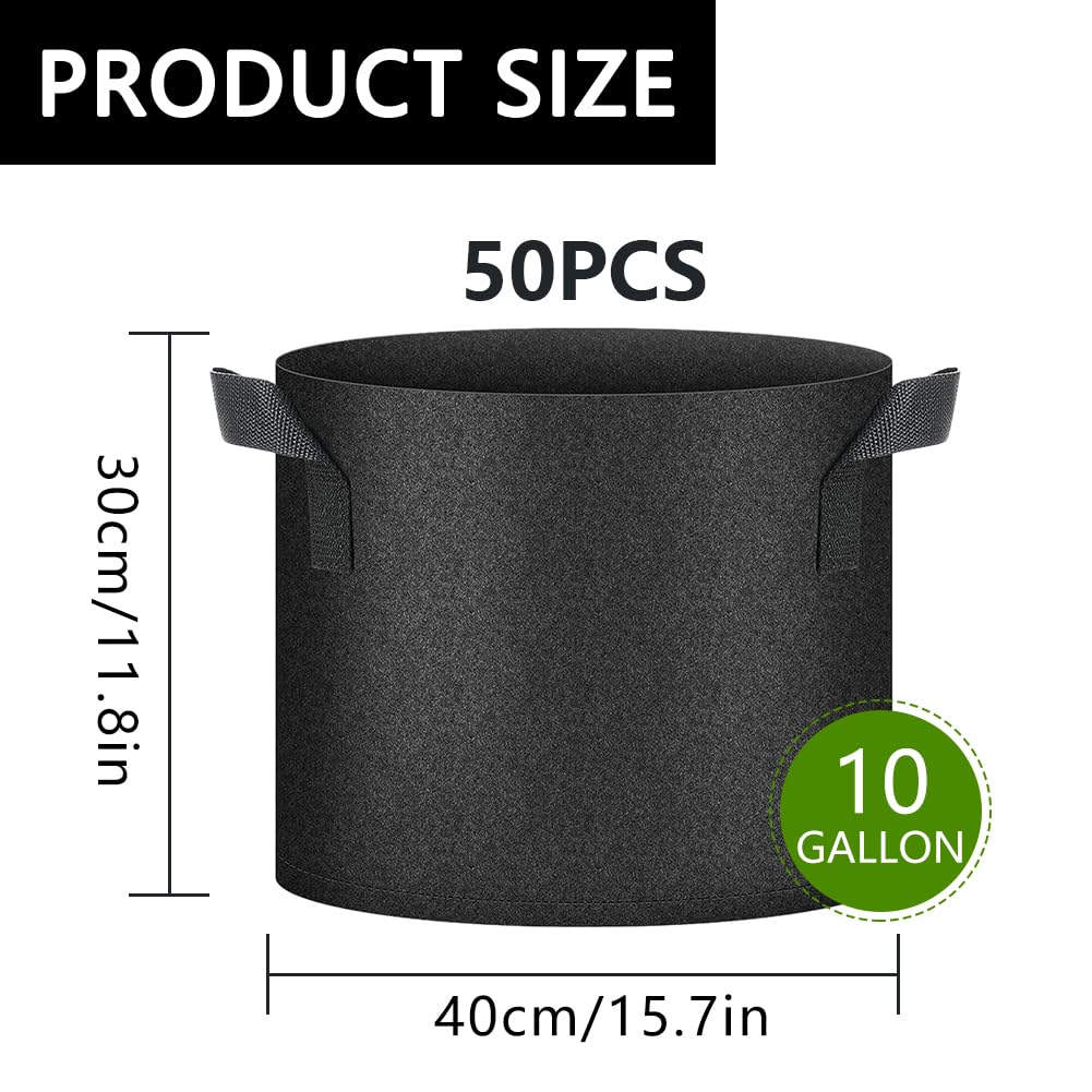 Ukontagood 50 Pack Grow Bags, Black Heavy Duty Fabric Pots Nonwoven Potato Grow Bags with Sturdy Handles & Reinforced Stitching, Breathable Vegetable Flower Plant Growing Containers Bags (10 Gallon)
