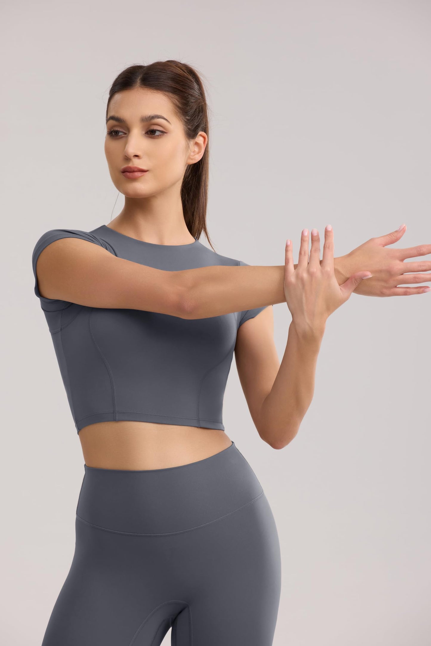 ENERBLOOM Workout Crop Tops for Women Yoga Short Sleeve Mild Support Slim Fit Cropped Athletic Shirts Gym Tee Built in Bra Gray Medium