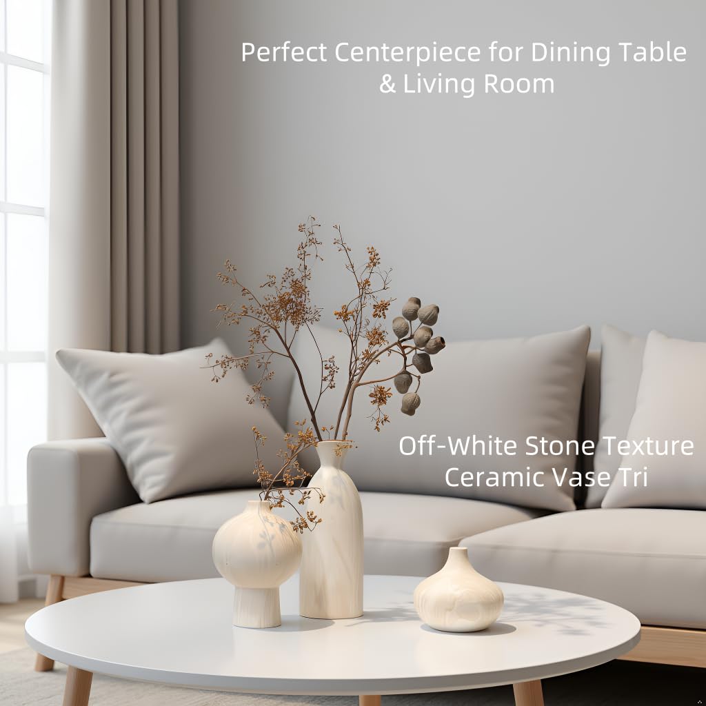 SincereLuxe White Ceramic Vase Set of 3 in Beige, Modern Aesthetic Stone-Look Textured Pottery Vases for Shelf & Bookshelf Home Decor, Neutral Minimalist Decorative Vases for Flowers & Pampas Grass
