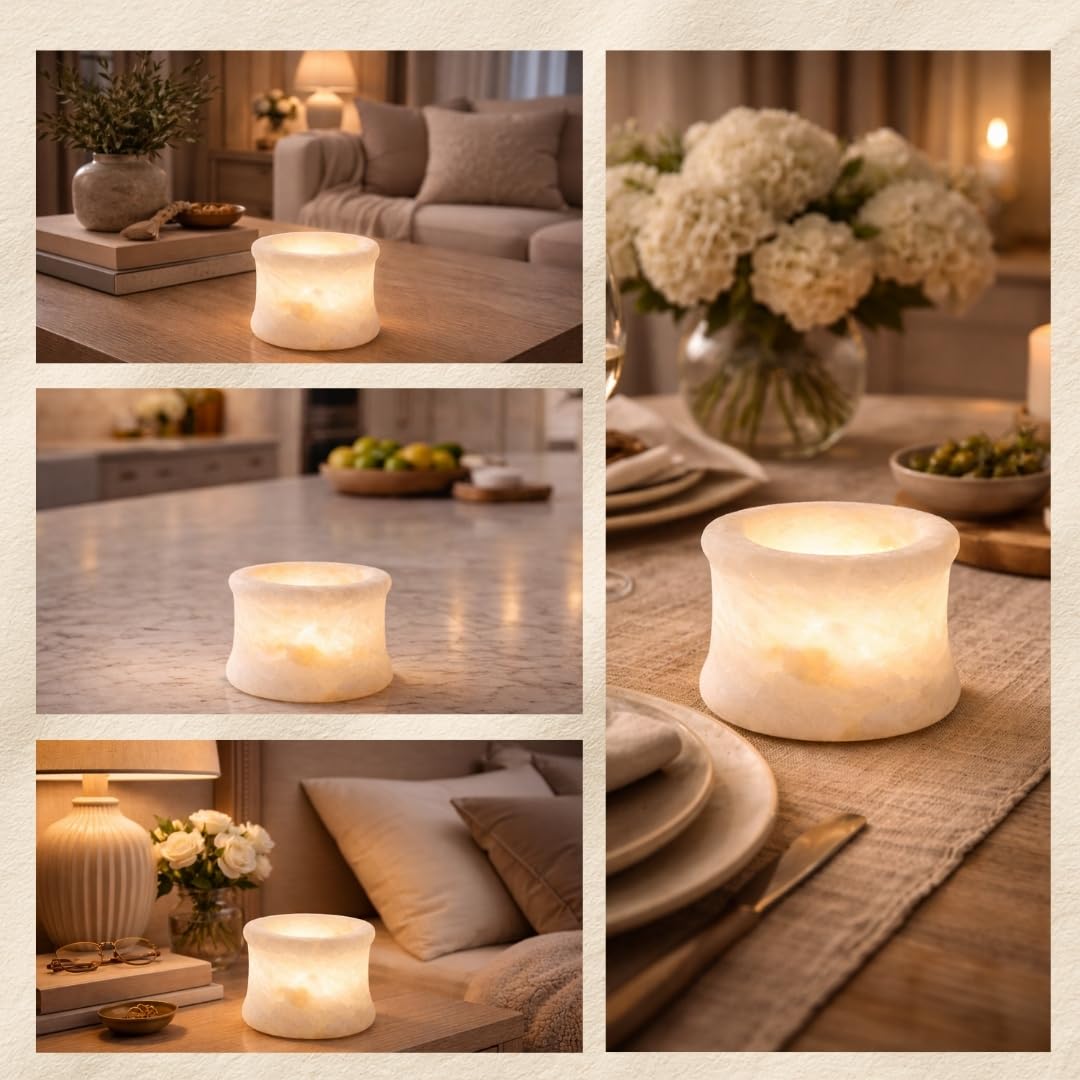 Single White Alabaster Candle Holder - Egyptian Tealight and Votive Candles Holders with Amber Glow for Home Décor - Natural Stone Soothing Tranquil