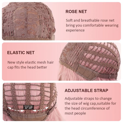 OUFEI Pink Bob Wig With Bangs Short Straight Wig For Women Synthetic Hair Wigs for Daily Party Cosplay Wear
