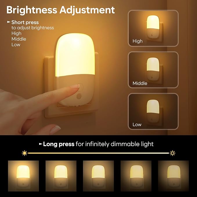 LED Night Light Plug into Wall, 4 Pack Dusk to Dawn Sensor Nightlight with Retractable Plug & 3 Adjustable Brightness, Dimmable 3000K Warm Lights for Adults Kids Bedroom Stair Hallway Kitchen
