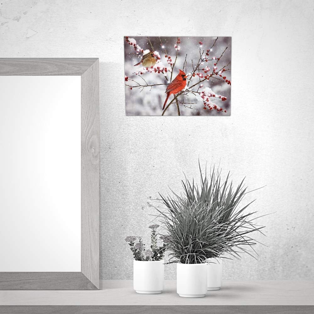 BANBERRY DESIGNS Lighted Cardinals in the Snow Canvas Print - LED Picture with Cardinal Couple and Holiday Berries - Measures 11.75" X 15.75"