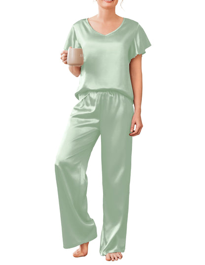Ekouaer Women's Satin Silky Pajama Set 2 Piece Short Sleeve Shirt with Long Pants Pjs Sets Soft PJ Loungewear S-XXL