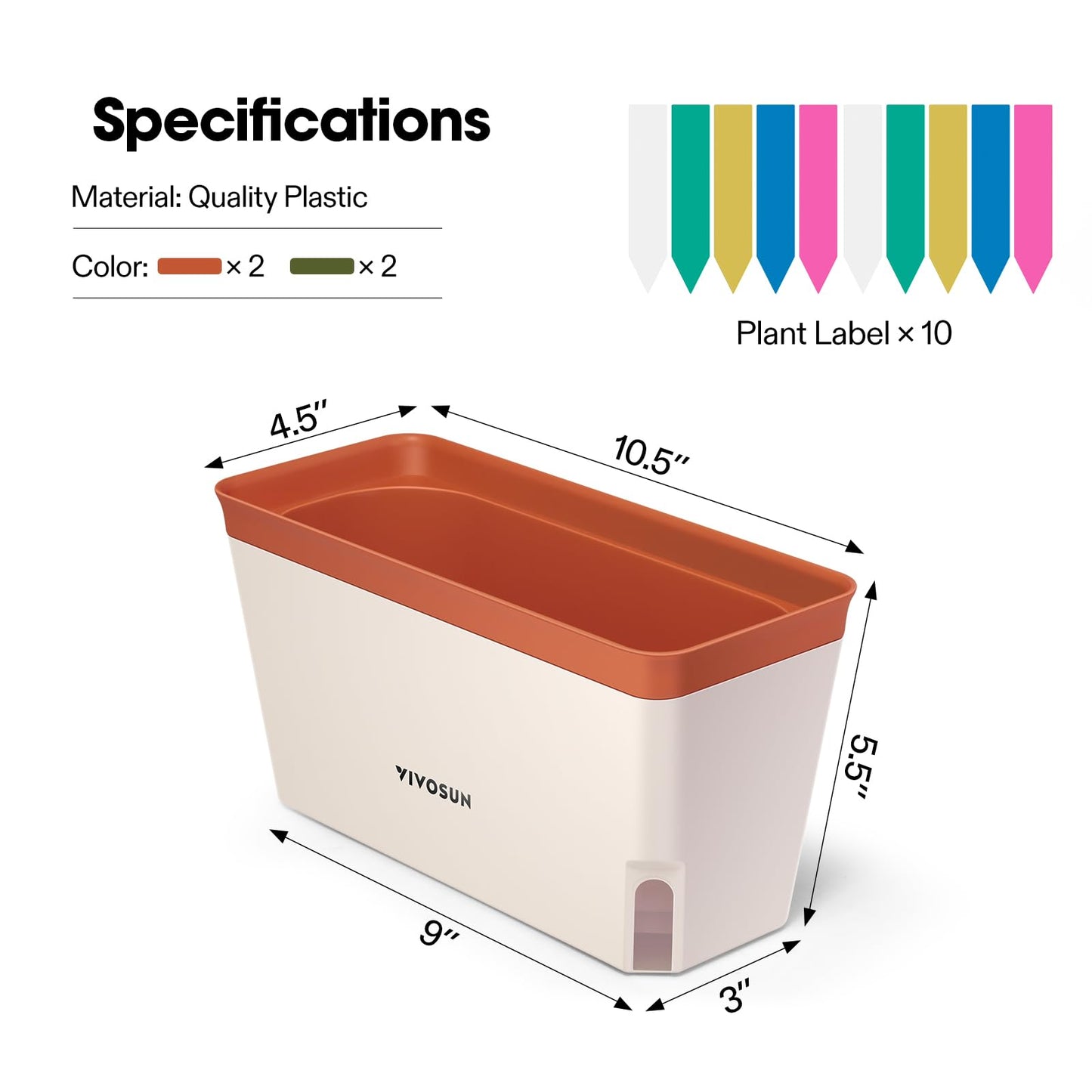 VIVOSUN Self-Watering Planters, 4-Pack 10.5 Inch Compact Rectangular Window Herb Planter Box with 10 PCS Plant Labels, Plant Container for Basil, Flowers, Succulents, Indoor & Outdoor
