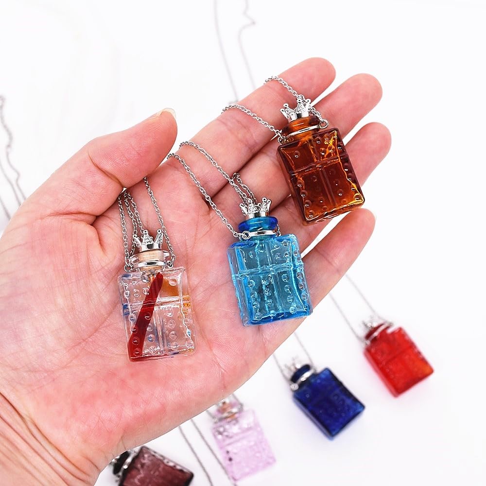 CoolDIY Handcrafted Glaze Glass Square Refillable Essential Oil Necklace Pendant - Aromatherapy Perfume Diffuser Pendant with Stainless Steel Chain (Light Blue)