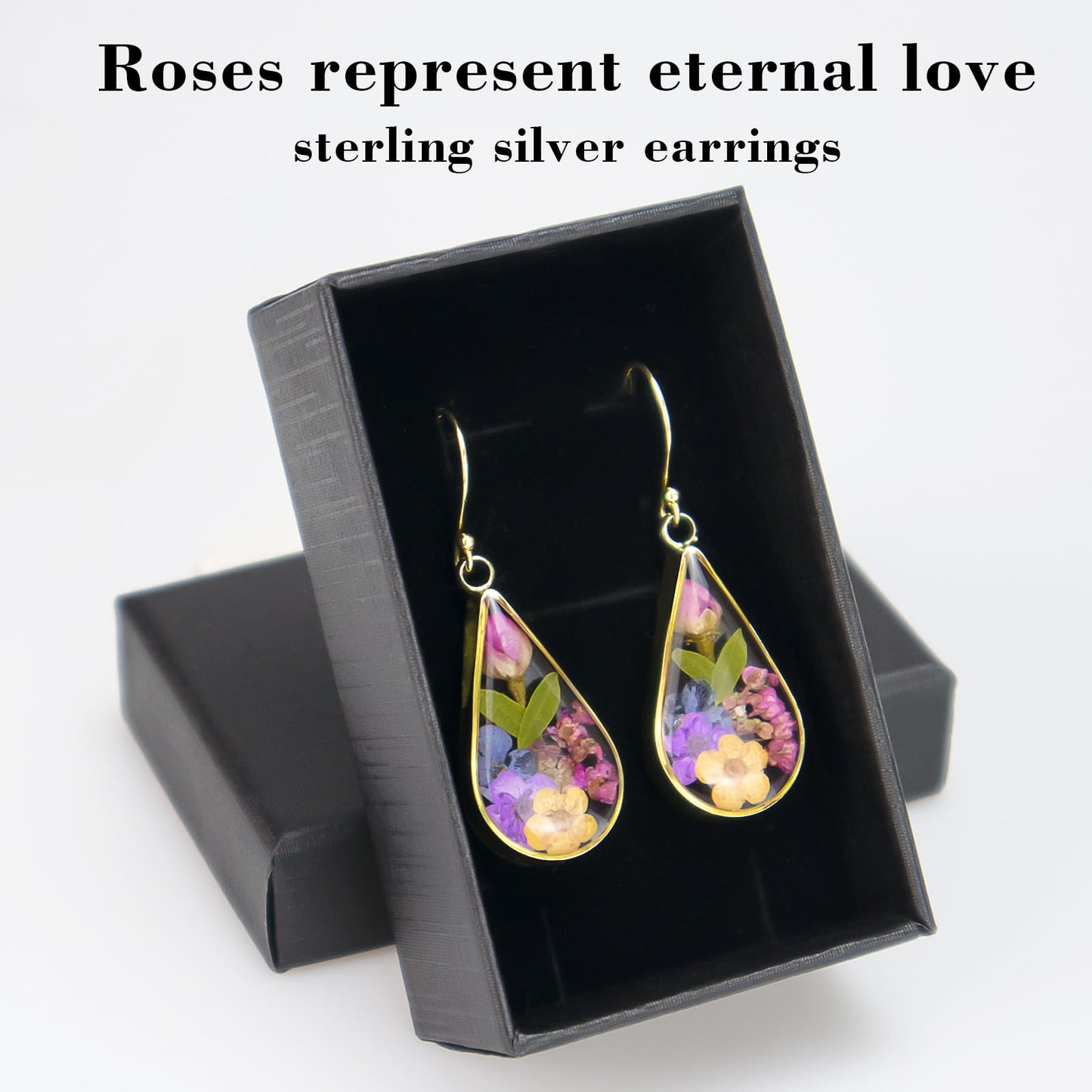 925 Sterling Silver Pressed Flower Teardrop Earrings,Hypoallergenic Women's Jewelry Gift for Mom,Handmade natural dried flower teardrop earrings Jewelry Gift (Forget-me-not silver)