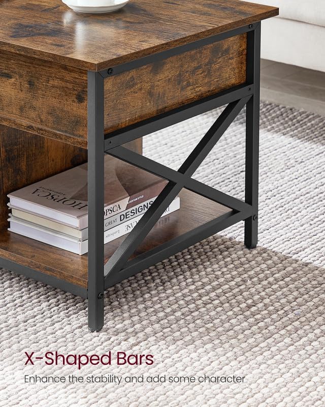 VASAGLE Lift Top Coffee Table, Lift Coffee Table with Storage Shelf, Hidden Compartments and Lifting Top, for Living Room, Office, 19.7 x 39.4 x (19.3-24.4) Inches, Rustic Brown and Black ULCT202B01