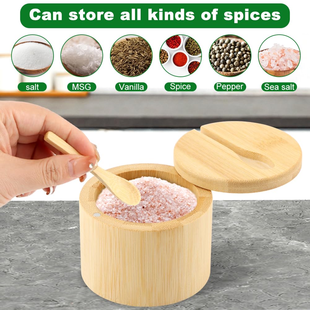 Jeyntanc 2Pcs Bamboo Salt Cellar with Magnetic Swivel Lid & Spoon, 6 oz Spice Bowl Bamboo Storage Box Salt Container to Storage Pepper, Table Salt, Gourmet Salts, Spice, Sugar(SIZE:6 oz)
