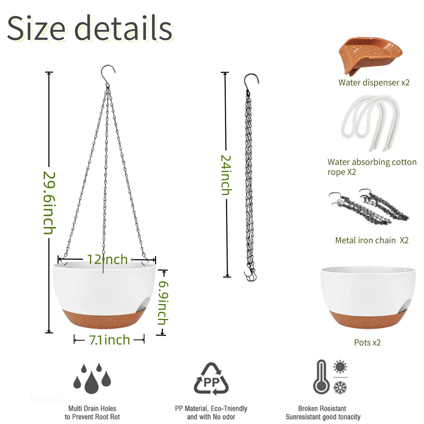 CNLBO 12 Inch Self Watering Hanging Planters 2 Pack, Indoor Outdoor Hanging Pots for Plants with Drainage Holes & Saucers, White Brown Plastic Hanging Baskets for Kitchen Balcony Garden