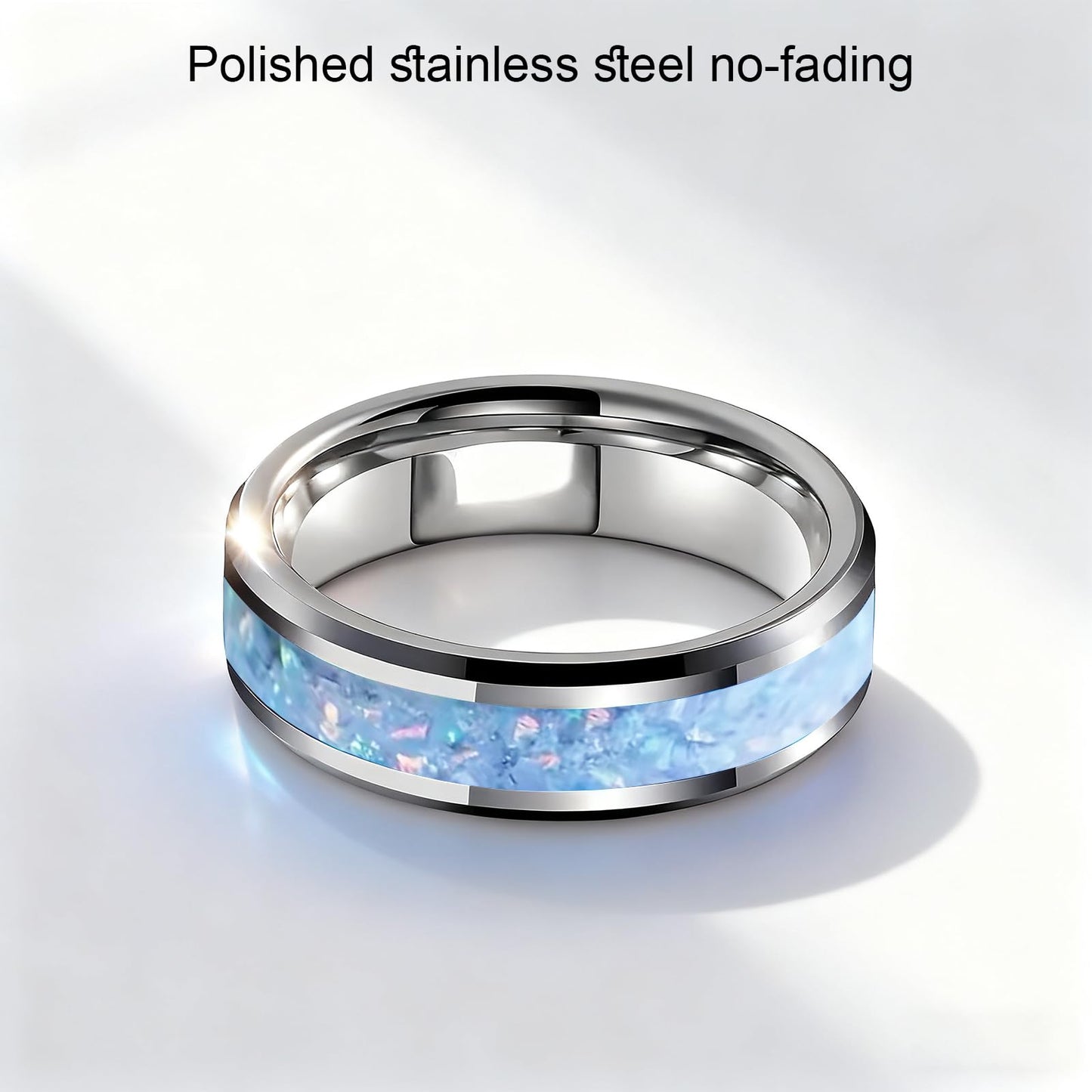 HJIMMNHONG New Opal Fashion Ring Double Beveled Edge Delicate Polished Stainless Steel Simple Mens and Women Rings, Width 8mm,Blue, Size 8