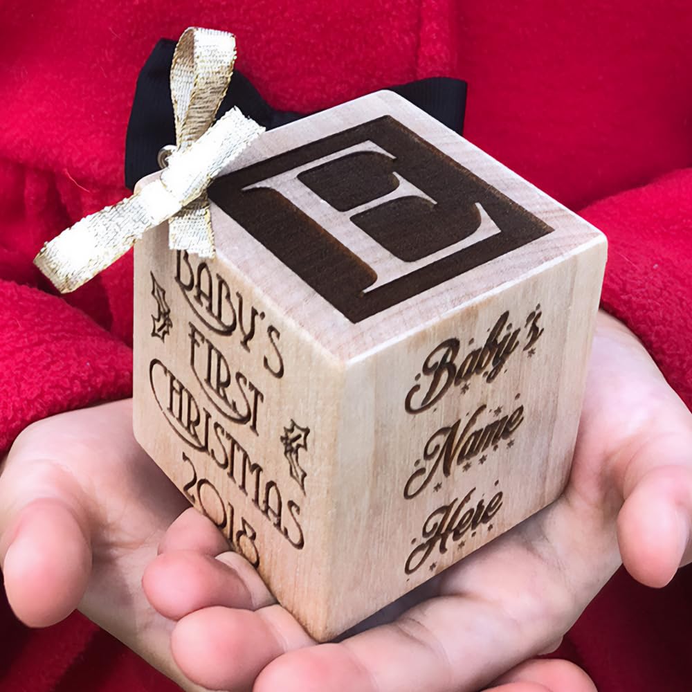 Baby’s First Christmas Ornament 2025 – Personalized Wooden Keepsake Block with Name & Year – Custom Engraved for Newborn Boy or Girl