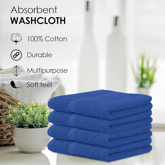 Avalon Towels Cotton Washcloths 24-Pack – 12 x 12 Inch Blue Super Soft &