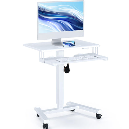 BONTEC Mobile Standing Desk with Keyboard Tray, Mobile Podium, Rolling Laptop Sit Stand Desk on Wheels, Adjustable Height Up to 33lbs, Portable Computer Workstation Cart for Living Room, Office, White