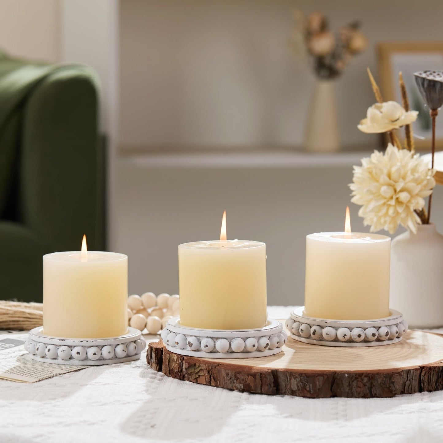 THORNIA Wooden Candle Holders for Pillar Candles, Set of 3 Wood Beaded Plate with Metal Cup Inserts, 4 Inch Rustic Farmhouse Tray Stand for Fireplace Mantel, Table Centerpiece Decor - White