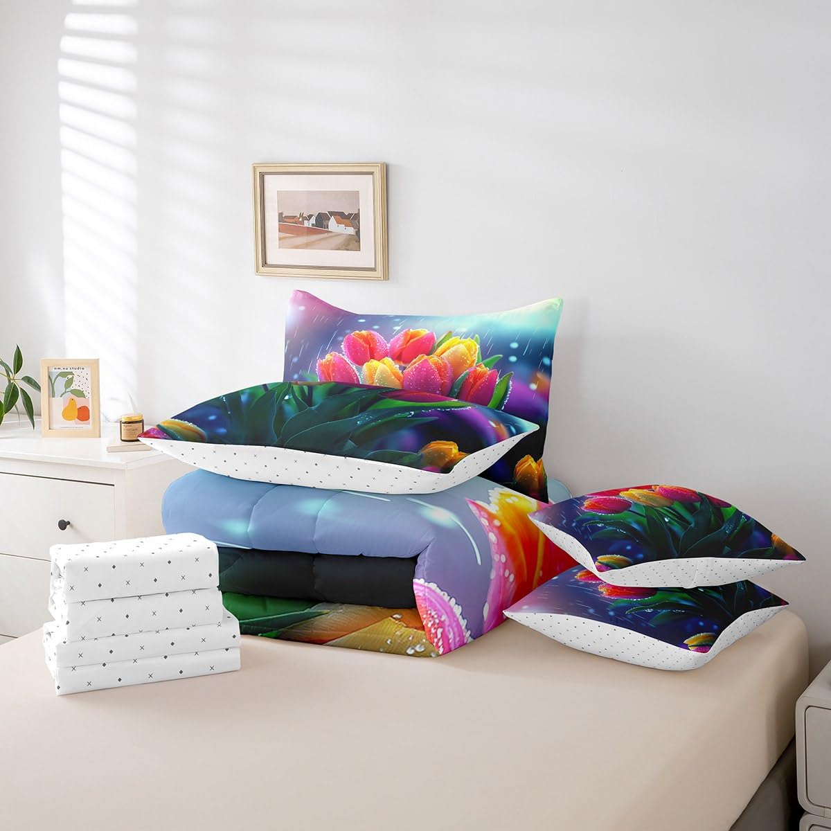 Erosebridal Tulips Bedding Set Spring Summer Flowers Twin Comforter Set 7 Piece for Kids Girls Teen Women,Rainy Floral Pink Yellow Tulips Bed in A Bag Pastel Plants Sheet Set with Comforter