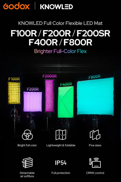 Godox Knowled F200R RGB Flexible LED Video Light Mat, 1800-10,000K RGBW 250W Output LED Light Panel, Waterproof, 14 FX with Grid Softbox, App Control for Film, Broadcast & Video Production (2 x 2')