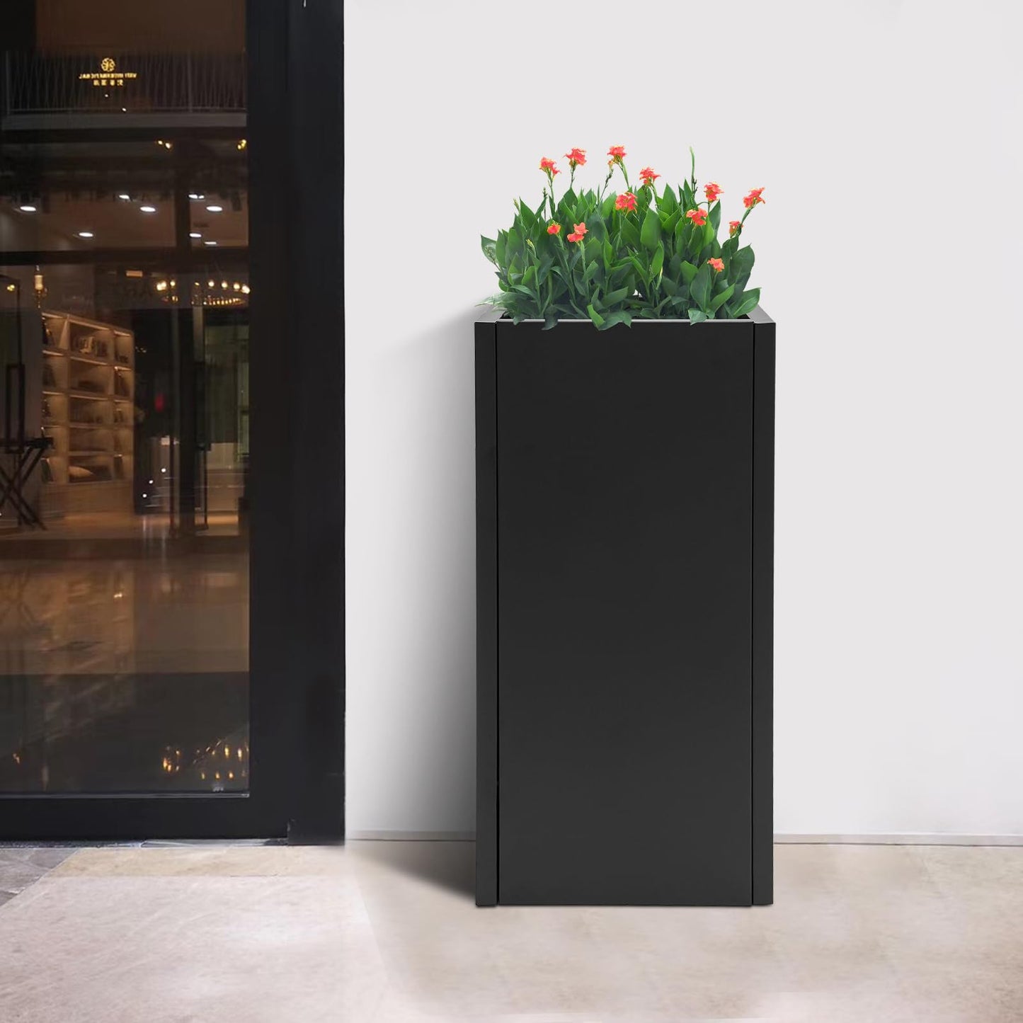 GDAE10 Tall Planter Box Large Metal Flower Pot, 14 x 14 x 30 Inches Standing Rectangle Container for Plants,Modern Steel Planters with Drainage Hole for Patio, Garden, and Balcony (Black)
