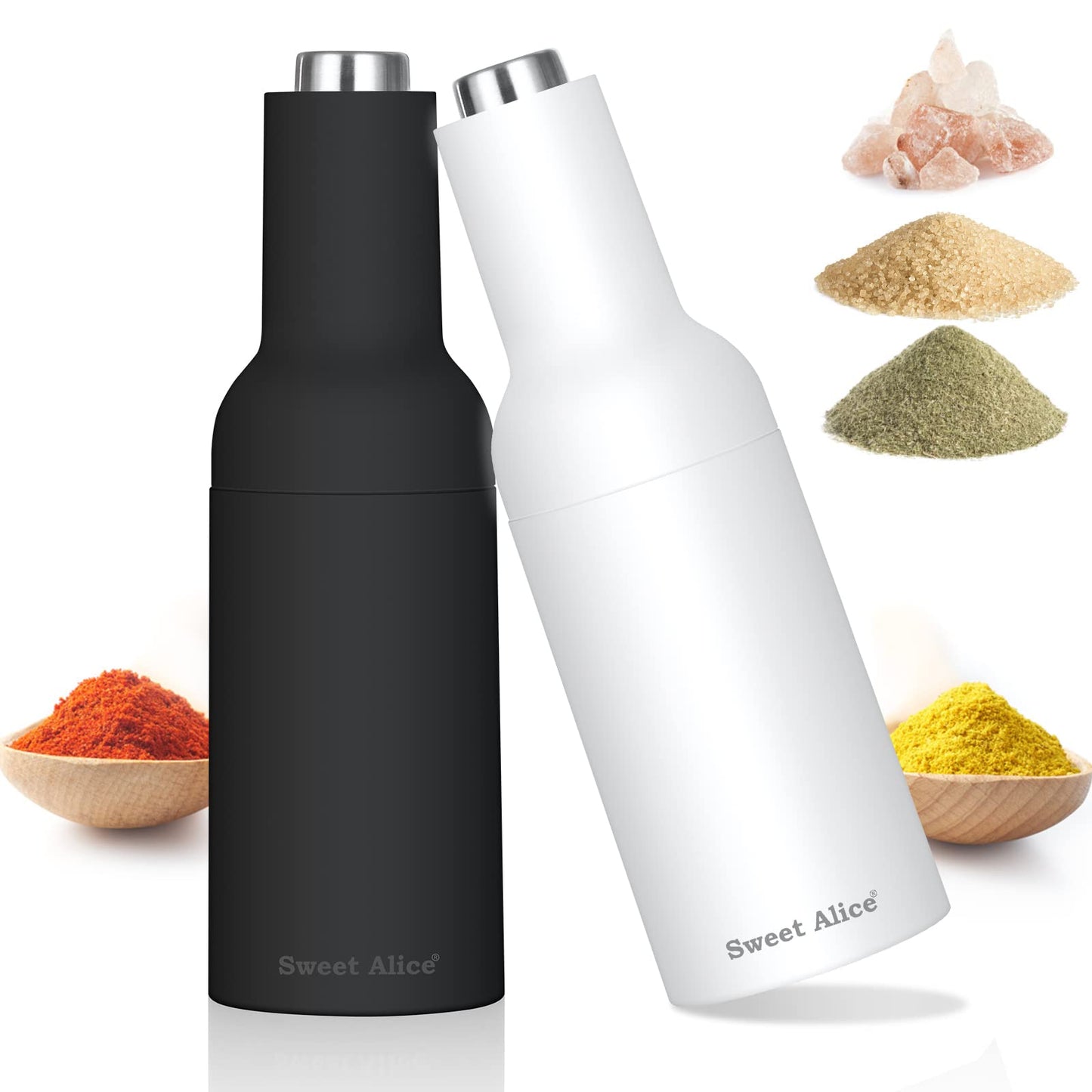 HAITRAL Electric Gravity Salt and Pepper Grinder Set, 2 Pack Electric Ceramic Core Mills Shaker, Battery Operated, One Hand Automatic Operation, Adjustable Coarseness, Black and White