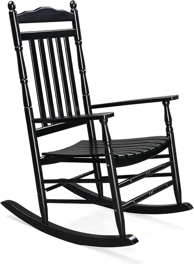 VINGLI Wooden Rocking Chair, Outdoor Chair with 450 lbs Support, Relaxing Rocker with Solid Wood High Back Seat Reclining Seat for Deck, Garden, Backyard, Porch, Indoor or Outdoor Use (Black, 1PC)