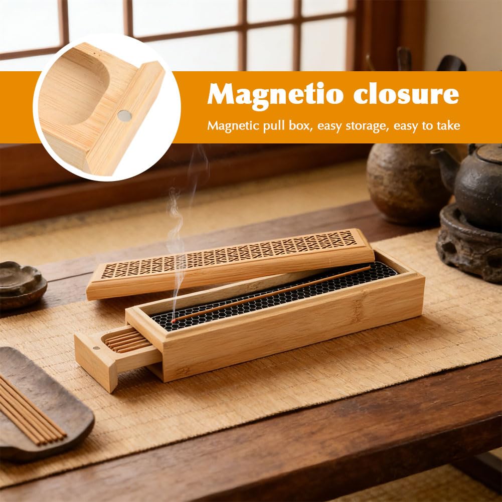 Incense Holder Burner, Coffin Double Layer Wooden Ash Catcher with Storage Drawer & Lid, Includes Zen Brush and Incense Stand for Meditation, Yoga Room, Home, Office