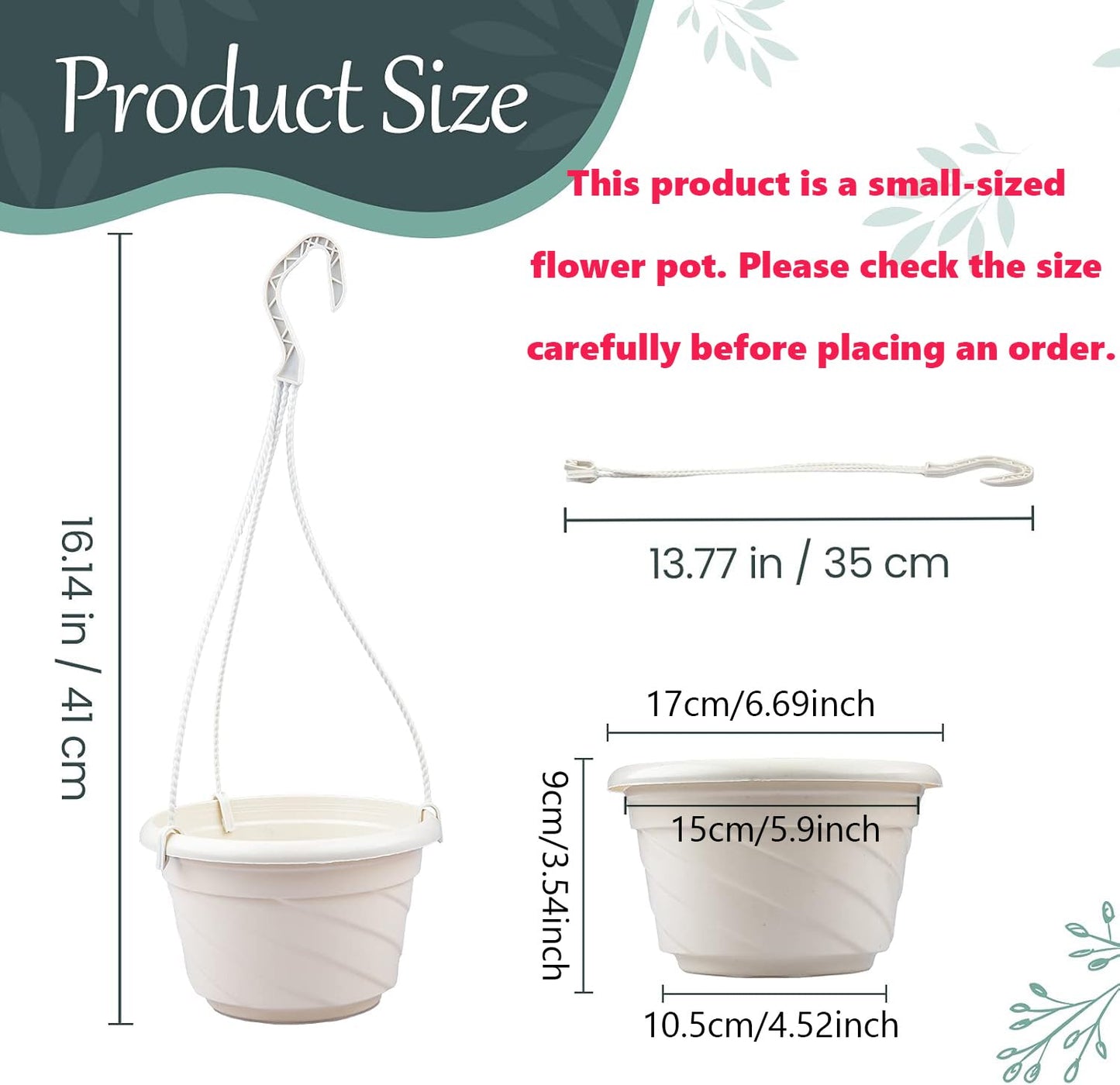 VIDELLY 4 Pieces Plastic Hanging Planters, 5.9 in Dia x 3.54 in H, Small Flower Plant Basket Pots Chain Holder Garden Decoration for Indoor and Outdoor Use, Beige White
