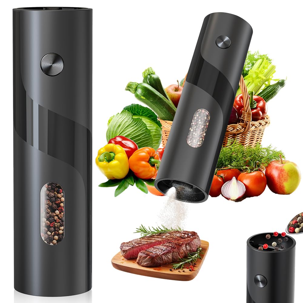 JIDSPWLS Electric Pepper or Salt Grinder Mill,Automatic Pepper Mill with LED Light,Battery Powered Automatic Pepper Grinder,Refillable and djustable CoarsAeness Pepper Grinder(1 pack Black)